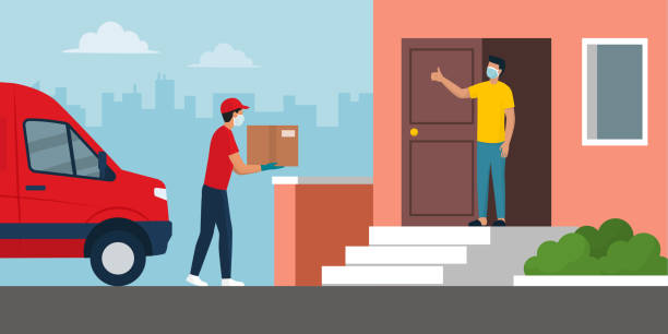 Safe home delivery during coronavirus covid-19 epidemic Safe home delivery during coronavirus covid-19 epidemic: man delivering a box to a customer and leaving the box at a safe distance, he is wearing mask and gloves delivering illustrations stock illustrations