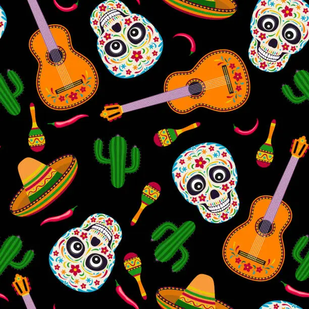 Vector illustration of mexican seamless pattern on black background. Skull, guitar, maracas, cactus, chili pepper, sombrero. Vector festive illustration in cartoon simple flat style. Cinco de mayo card.