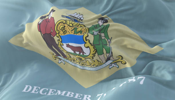 Flag of american state of Delaware, region of the United States Flag of american state of Delaware, region of the United States, waving at wind delaware us state photos stock pictures, royalty-free photos & images