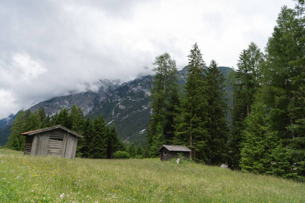 istock Misty mountain and log cabins in Tyrol, Austria 1218611437