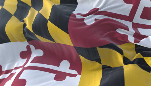 Flag of american state of Maryland, region of the United States Flag of american state of Maryland, region of the United States, waving at wind maryland us state photos stock pictures, royalty-free photos & images