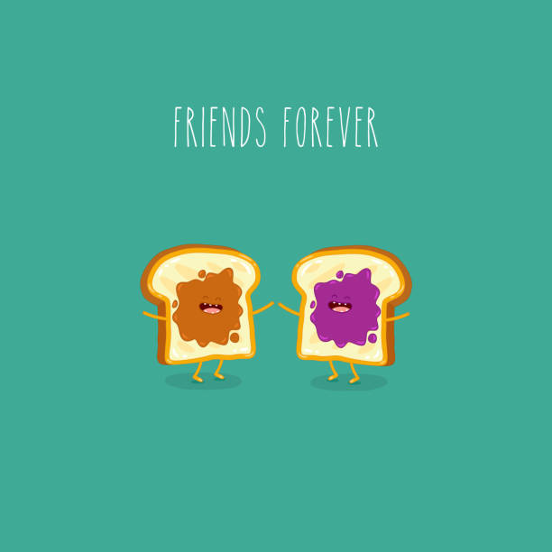 toasted bread with peanut butter and jam friends forever. Vector illustration. Toasted bread with peanut butter and jam friends forever. Vector illustration. Use for the menu, in the shop, in the bar, the card or stickers. Easy to edit peanut butter and jelly sandwich stock illustrations