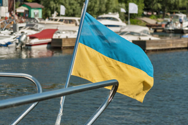 istock Ukrainian national flag aft closeup 1218615299