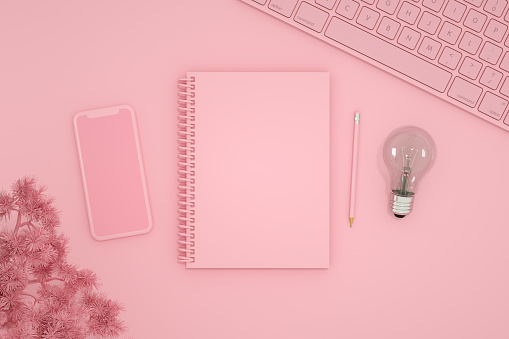 3d rendering of empty notebook with light bulb. Office desktop, Workplace, Home Office. New idea, brainstorming concept. Top view. Pink color background.