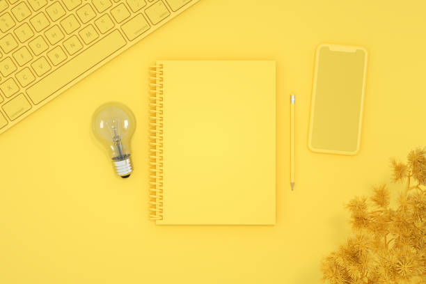 istock Top view of empty notebook with light bulb, new idea, brainstorming concept. 1218615545
