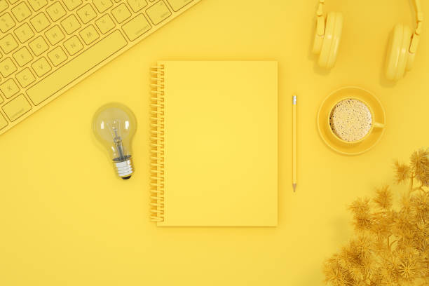 istock Top view of empty notebook with light bulb, new idea, brainstorming concept. 1218615575