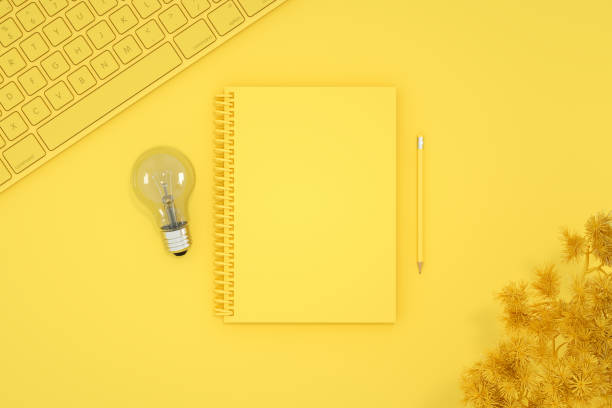 istock Top view of empty notebook with light bulb, new idea, brainstorming concept. 1218616167