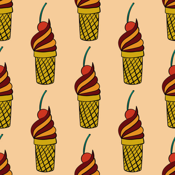 Cute Colorful Cartoon Seamless Pattern With Doodle Ice Cream With Cherry In  The Waffle Cup Vector Illustration Stock Illustration - Download Image Now  - iStock