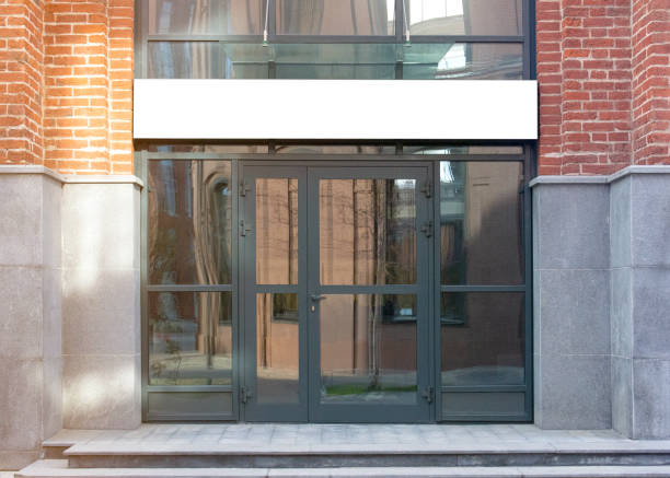 Blank white rectangular box store entrance mockup, glass brick wall