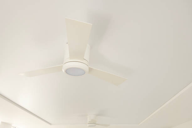 istock An overhead LED luminaire combined with a white ceiling fan on a white ceiling. 1218619418