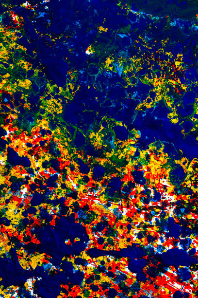 istock Bright background graphic image. dripping. expression. multicolored spill blemish. mixing colors. Phantom Blue black white red yellow. Vertical. flat lay. 1218620455