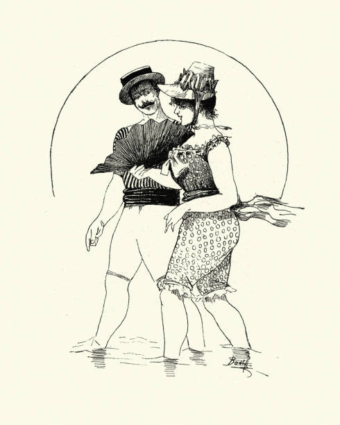 19세기 해변에서 젊은 부부 입욕 의상 - old fashioned swimwear couple retro revival stock illustrations