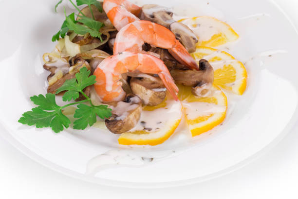 An appetizing dish of Prawns in Spicy Sauce (Chili and Peppers sauce), typical of traditional Chinese cuisine. Image in high definition quality.