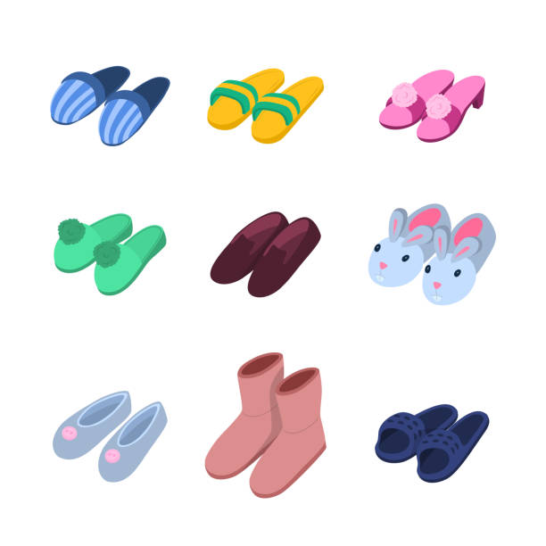 dom pantofel 3d ikona zestaw izometryczny widok. wektor - fuzzy pink slippers stock illustrations