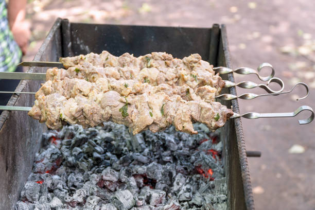 Shish kebab on skewers roasting on the grill
