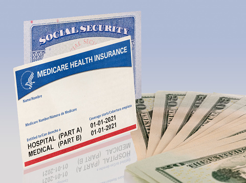 USA social security card with medicare and US dollars to illustrate budget crisis