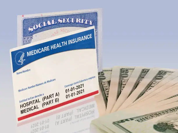 Photo of USA social security card with medicare and US dollars to illustrate budget crisis