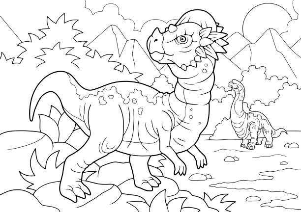 prehistoric Pachycephalosaurus dinosaur, coloring book, funny illustration cartoon prehistoric Pachycephalosaurus dinosaur, coloring book, funny illustration pachycephalosaurus stock illustrations