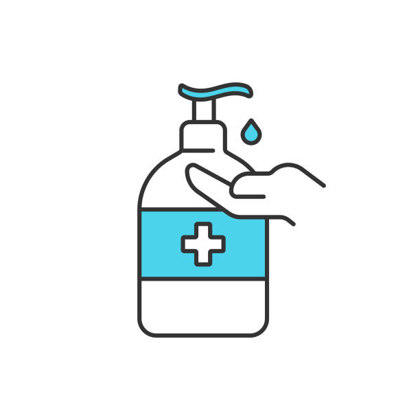 백색 배경에 소독 및 손 소독제 아이콘 벡터 디자인. - liquid soap moisturizer bottle hygiene stock illustrations
