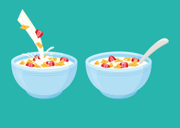 ilustraciones, imágenes clip art, dibujos animados e iconos de stock de desayuno con leche de escamas de cereales. tazón laminado avena con fresa. vector - yogurt yogurt container strawberry spoon