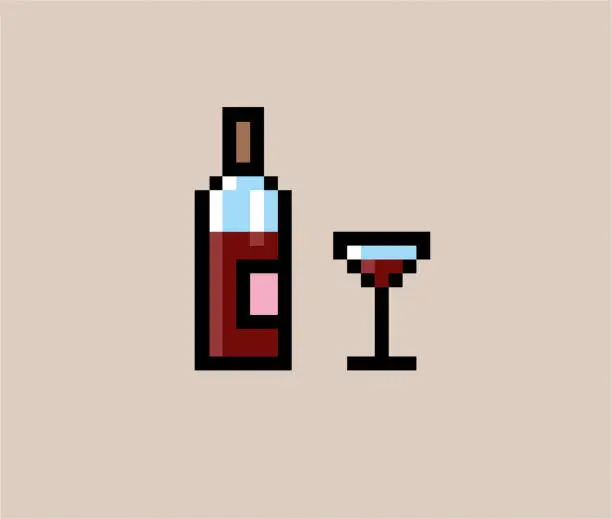 Vector illustration of Pixel wine bottle and glass
