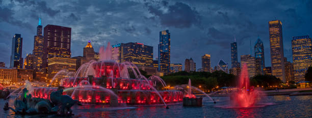 downtown chicago skyline at sunset no início do verão - chicago fountain skyline night - fotografias e filmes do acervo