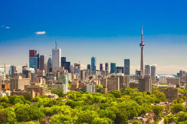 Canada - Ontario - Toronto - Beautiful summer sunny day panorama of Toronto downtown skyline with CN Tower