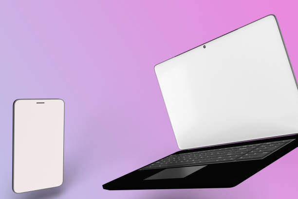 istock floating mobile phone and laptop with white mockup screen with blank space for text. e learning concept image. 1218631837