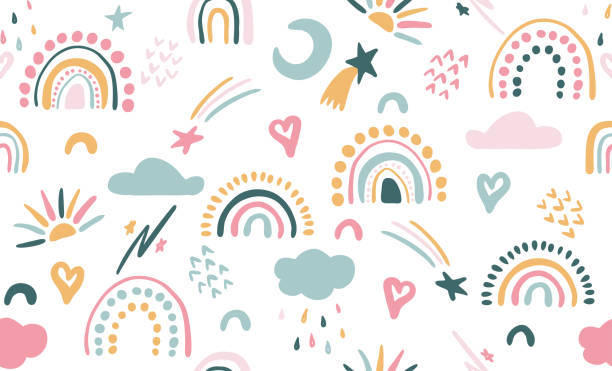 бесшовный векторный узор с нарисованными вручную радугами и солнцем. модная текстура ребенка - знаменитости иллюстрации stock illustrations