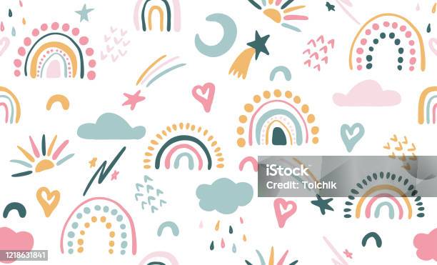 Seamless Vector Pattern With Hand Drawn Rainbows And Sun Trendy Baby Texture Stock Illustration - Download Image Now