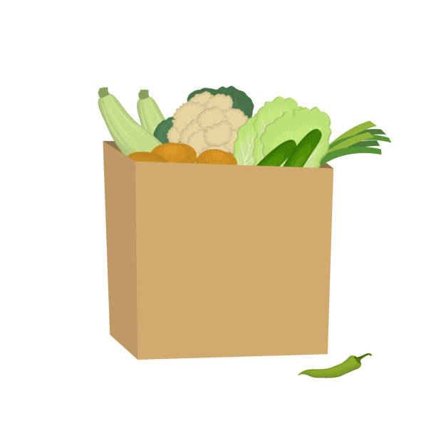 ilustrações, clipart, desenhos animados e ícones de legumes em um saco de papel. conceito de entrega de alimentos - cauliflower white backgrounds isolated