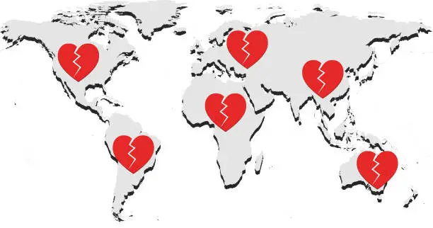 Vector illustration of Broken hearts of people around the world