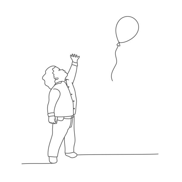 Little boy reaches for a balloon Little boy reaches for a balloon. Line drawing vector illustration. balloon drawings stock illustrations