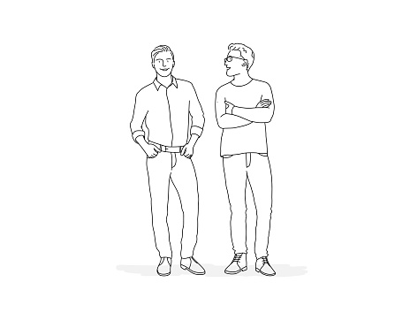 Two people standing next to each other. Line drawing vector illustration.