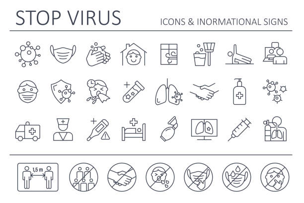 Virus - Icon Set and Prohibited Signs. Coronavirus vector illustration Virus - Icon Set and Prohibited Signs. Coronavirus vector spreading illustrations stock illustrations