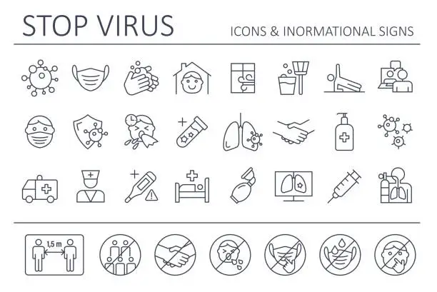 Vector illustration of Virus - Icon Set and Prohibited Signs. Coronavirus vector illustration