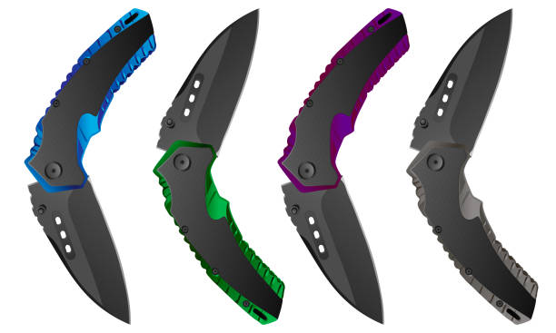 четыре изолированных реалистичных складных ножа - knife weapon switchblade dagger stock illustrations