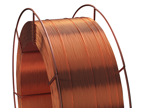 Spool with copper cable on white background. 3D Render.