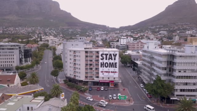 Aerial over City of Cape Town during Corona Virus lockdown, with empty streets
