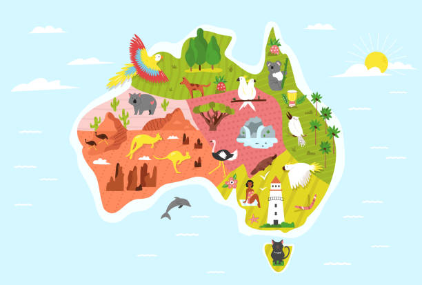 ilustraciones, imágenes clip art, dibujos animados e iconos de stock de mapa ilustrado de australia con símbolos y animales. diseño brillante para carteles turísticos, banners, folletos, impresiones - australian culture illustrations