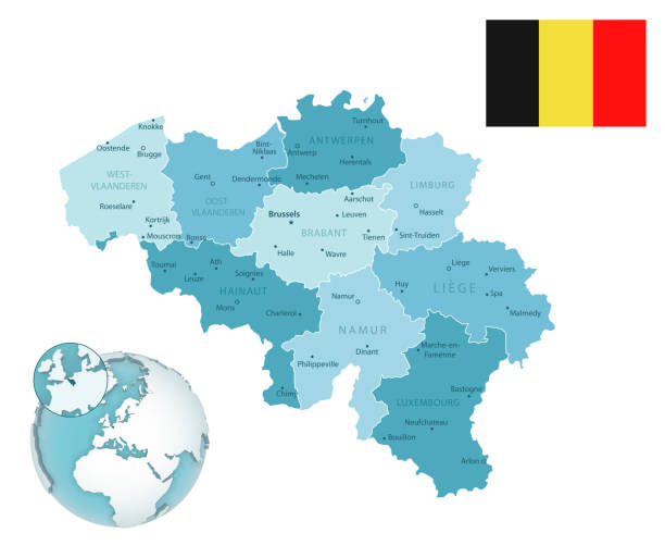 illustrazioni stock, clip art, cartoni animati e icone di tendenza di mappa blu-verde amministrativa belga con bandiera di campagna e posizione su un globo. - belgium map flag three dimensional shape
