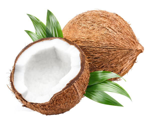 köstliche kokosnüsse auf weiß - flakes stock-fotos und bilder