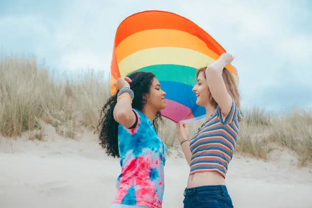 Photo of Laughing young Lesbian couple talking and moving Gay Pride Flag on a sandy beach - Image