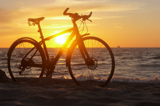 istock cycling along the sea coast, bicycle at sunset 1218642863