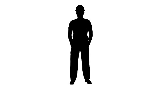 Wide shot. Silhouette Masked construction man in hardhat. Professional shot