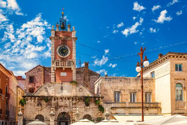 Clock tower on the People's Square in historic center of the Zadar town at the Mediterranean Sea, Croatia, Europe.
