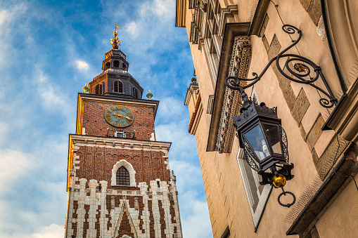 Town Hall Tower on the main market square in Krakow town, Poland, Europe.