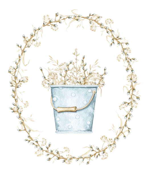 illustrazioni stock, clip art, cartoni animati e icone di tendenza di secchiello blu acquerello con bouquet con rami ed erbe secche su cornice ovale - oval shape