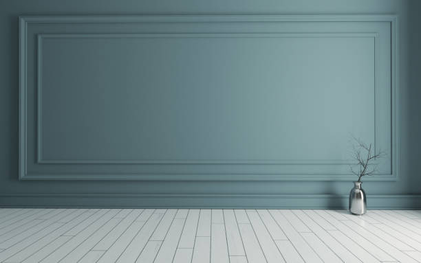 istock Modern classic green wall panels and white wooden floor 3D rendering 1218650981