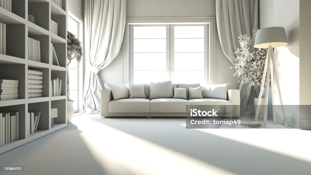 living room with seat and bookshelf 3D rendering living room or saloon interior design with seat and bookshelf 3D rendering Library Stock Photo
